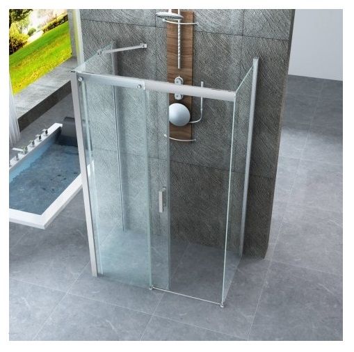 Cabine de douche 3 côtés, porte coulissante,  verre transparent anti-calcaire 8 mm, fermeture amortie BOX049