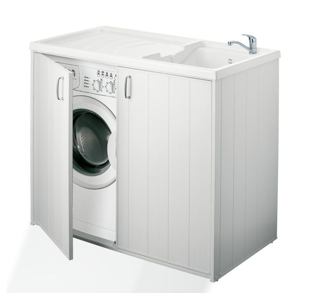 109x60cm Washing Machine White Resin Cover Cabinet Outdoor Laundry Sink Included With Double Door