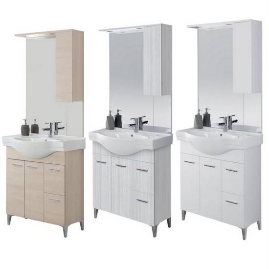 Mueble de baño moderno de madera DM, color blanco, con parte superior de  cristal, lavabo de cerámica y espejo incluido, Vidrio Madera maciza, Blanco