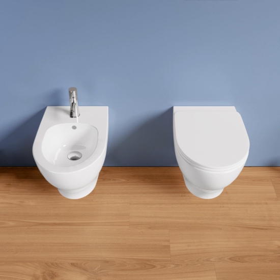 Wall-hung sanitary ware, ceramic WC and bidet, modern design
