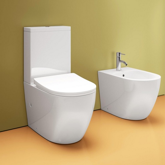 Norma flush floor-standing bidet and monobloc toilet with soft